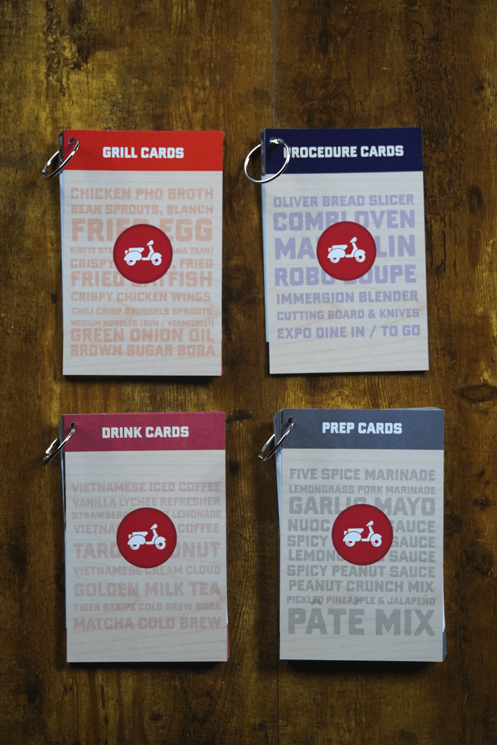 Grill, procedure, drink, and prep card decks on binder rings